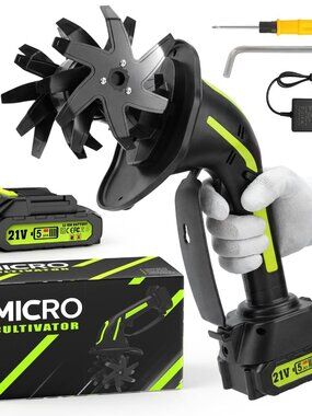 GARDTECH 21V Cordless Tiller Cultivator, 235RPM Electric Hand Tiller with 2.0Ah